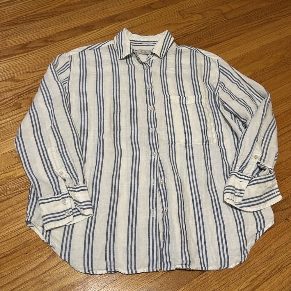 AYR The Deep End Linen Blue White Stripe Button Down Shirt - Size Small